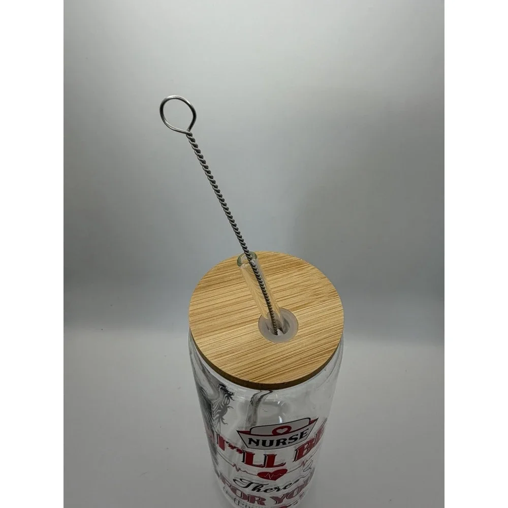 NURSE Glass Tumbler Cup Bamboo Lid Glass‎ Straw & Straw Cleaner